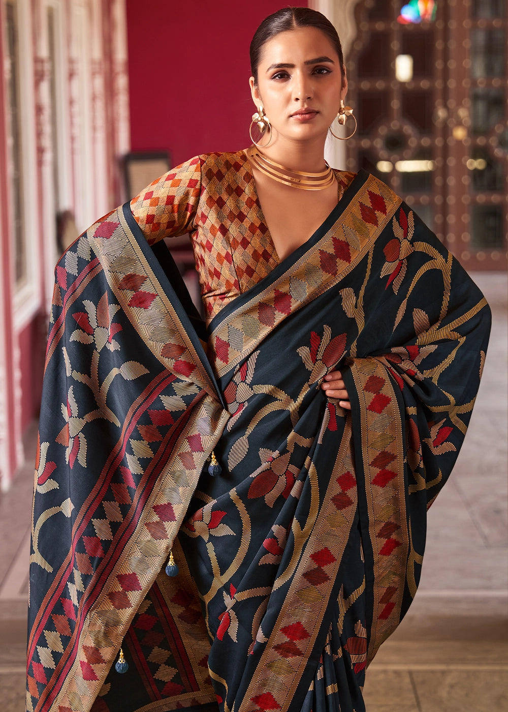 Jade Black Silk Saree with All-Over Floral Print