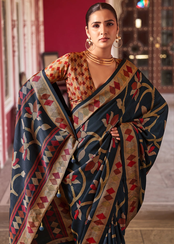 Jade Black Silk Saree with All-Over Floral Print
