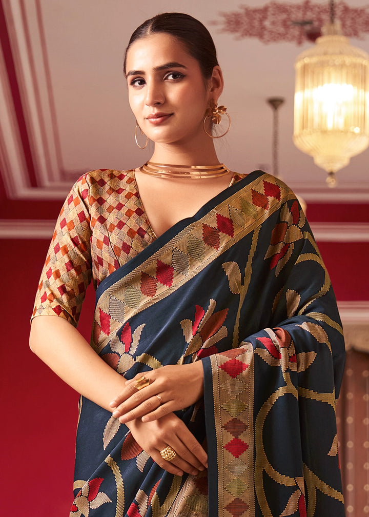 Jade Black Silk Saree with All-Over Floral Print