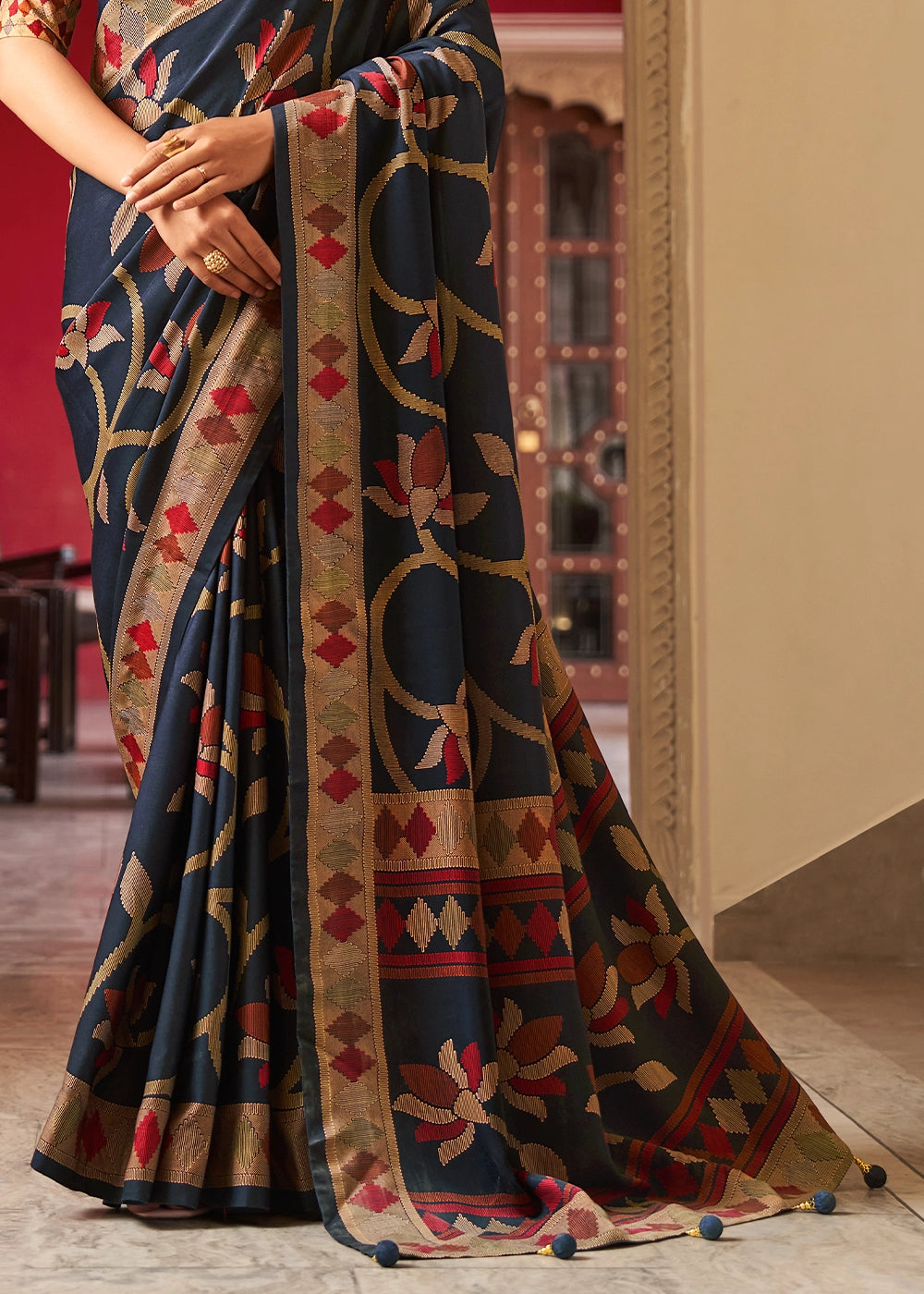 Jade Black Silk Saree with All-Over Floral Print