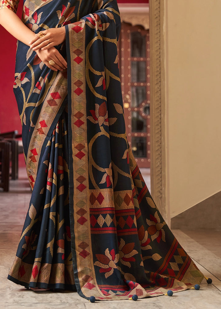 Jade Black Silk Saree with All-Over Floral Print