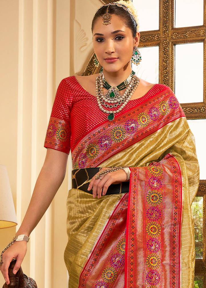 Elegant Dual Tone Green and Red Kanjivaram Saree with Lustrous Zari Work