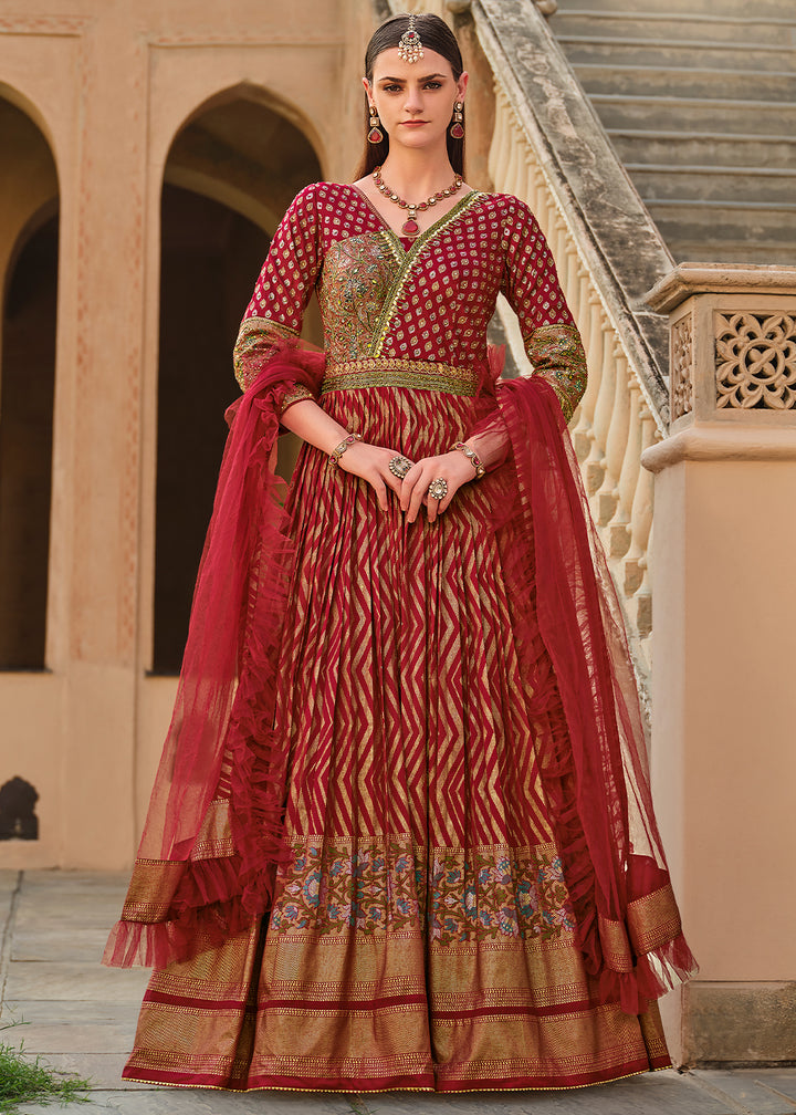 Maroon Red Anarkali Gown with Luxurious Embroidery Work for Festive Occasions