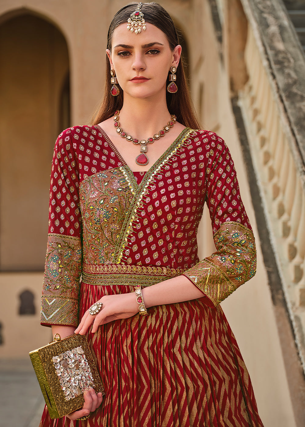 Maroon Red Anarkali Gown with Luxurious Embroidery Work for Festive Occasions