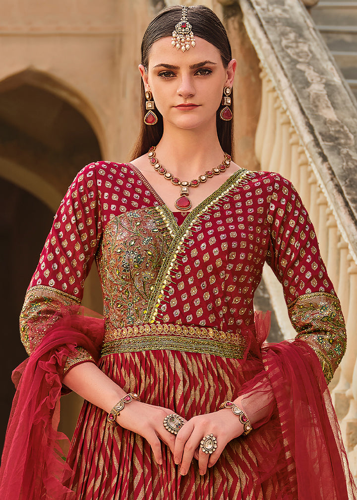 Maroon Red Anarkali Gown with Luxurious Embroidery Work for Festive Occasions