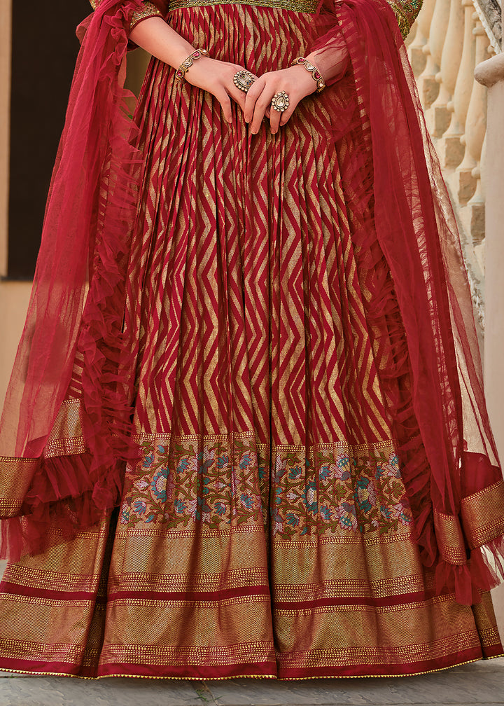 Maroon Red Anarkali Gown with Luxurious Embroidery Work for Festive Occasions