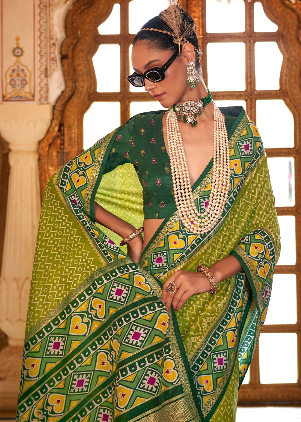 Olive Green Patola Printed Traditional Silk Saree