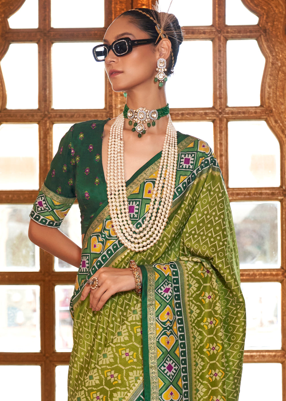 Olive Green Patola Printed Traditional Silk Saree