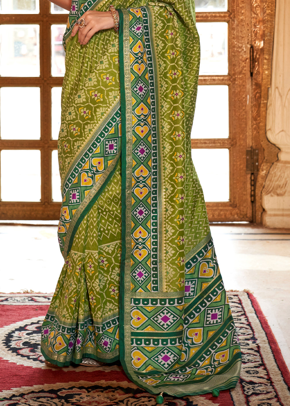 Olive Green Patola Printed Traditional Silk Saree