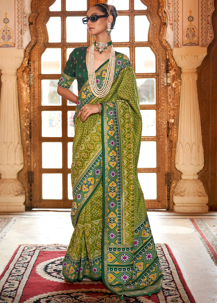 Olive Green Patola Printed Traditional Silk Saree