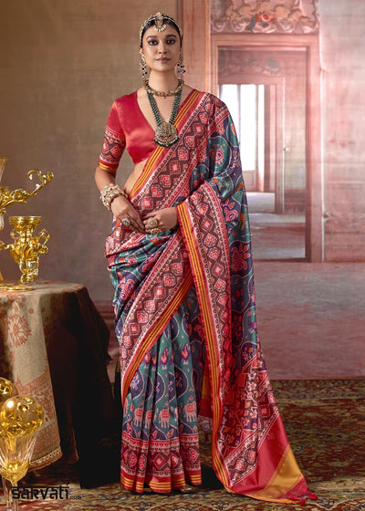 Greenish Blue & Red Patan Patola Printed Silk Saree