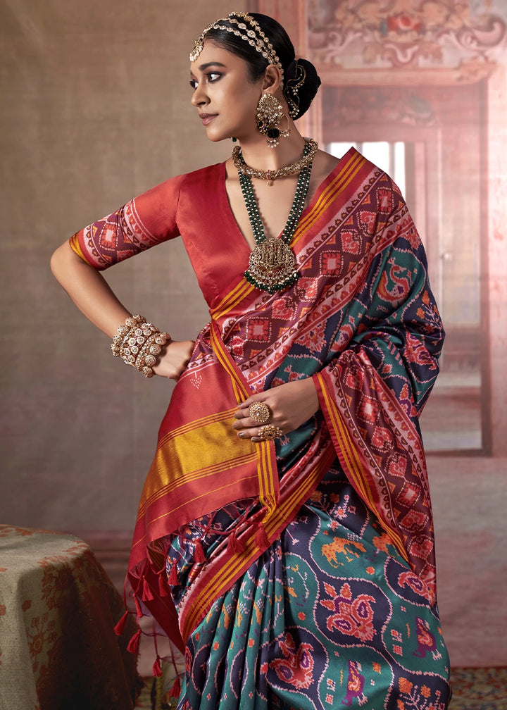 Greenish Blue & Red Patan Patola Printed Silk Saree