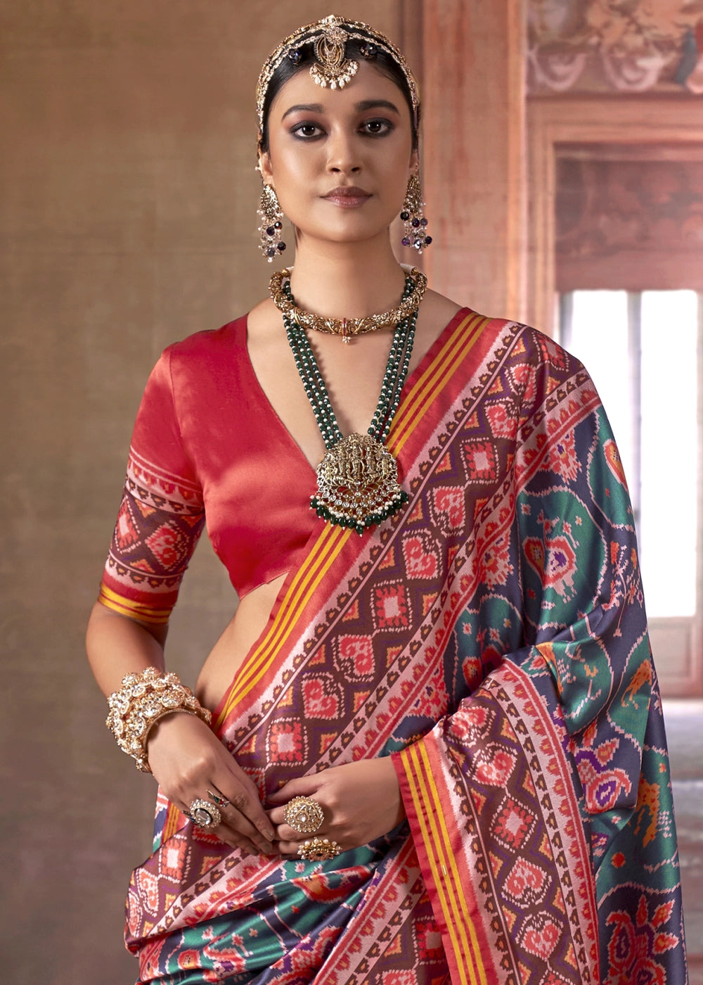 Greenish Blue & Red Patan Patola Printed Silk Saree