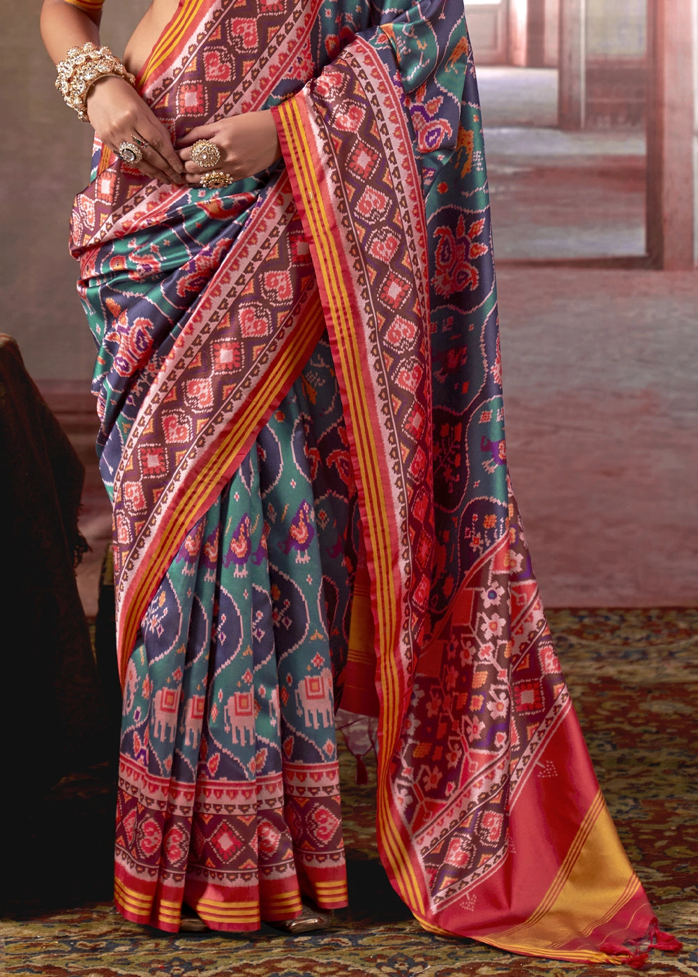 Greenish Blue & Red Patan Patola Printed Silk Saree