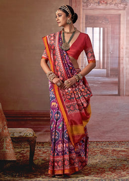 Purple & Red Patan Patola Printed Silk Saree
