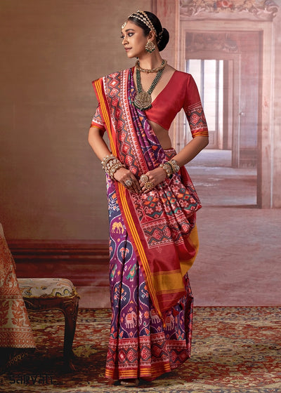 Purple & Red Patan Patola Printed Silk Saree