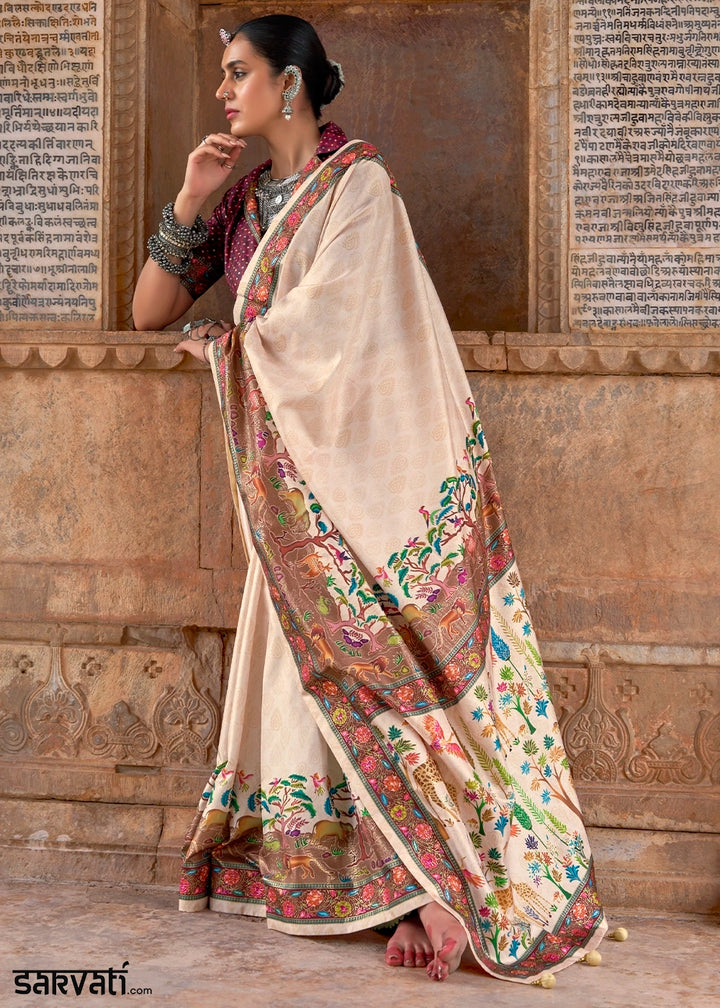Cream White Printed Silk Saree with Floral & Jungle Motifs