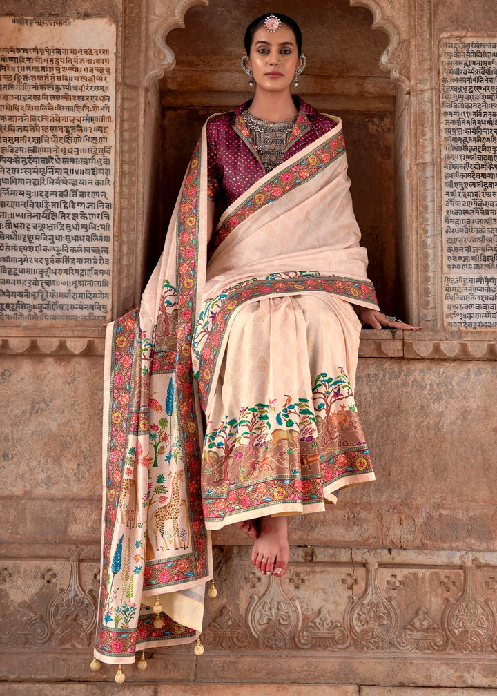 Cream White Printed Silk Saree with Floral & Jungle Motifs