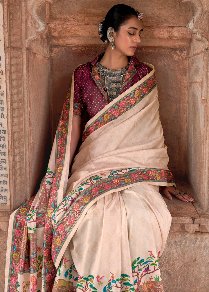 Cream White Printed Silk Saree with Floral & Jungle Motifs