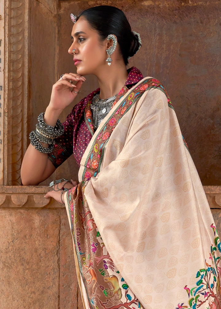 Cream White Printed Silk Saree with Floral & Jungle Motifs