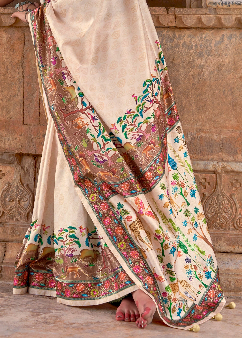Cream White Printed Silk Saree with Floral & Jungle Motifs