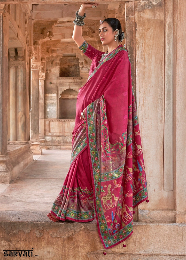 Cerise Pink Printed Silk Saree with Floral & Jungle Motifs