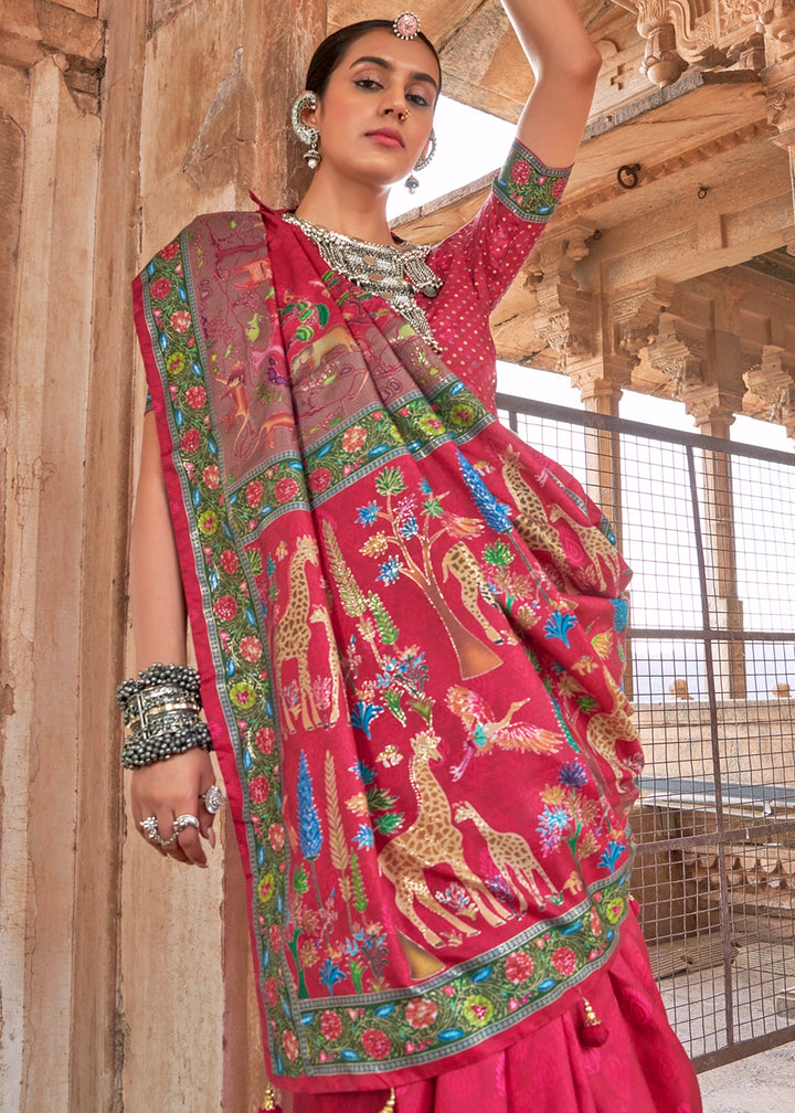 Cerise Pink Printed Silk Saree with Floral & Jungle Motifs