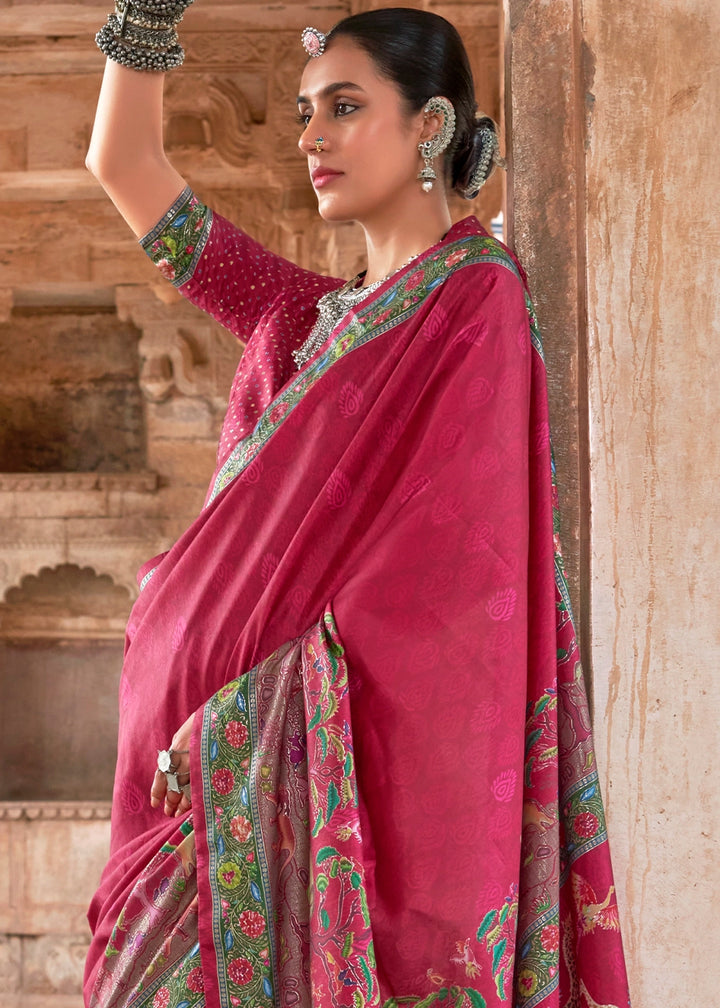 Cerise Pink Printed Silk Saree with Floral & Jungle Motifs