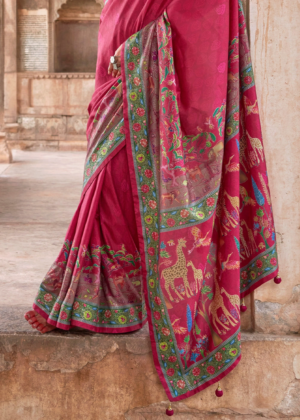 Cerise Pink Printed Silk Saree with Floral & Jungle Motifs