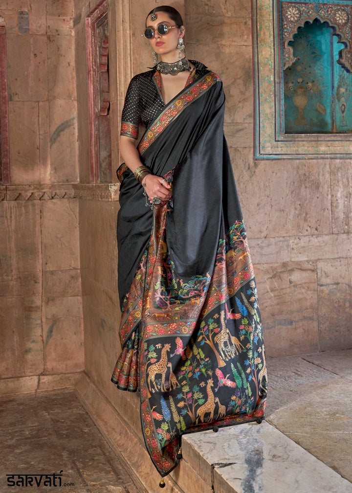 Charcoal Black Printed Silk Saree with Floral & Jungle Motifs
