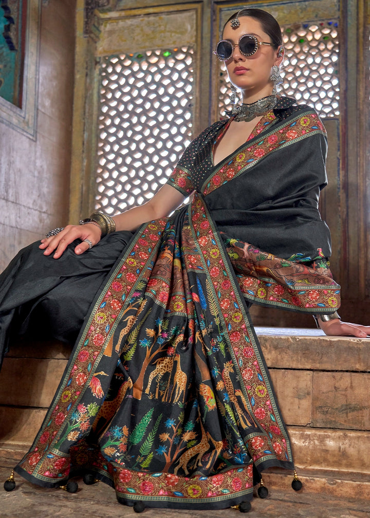 Charcoal Black Printed Silk Saree with Floral & Jungle Motifs