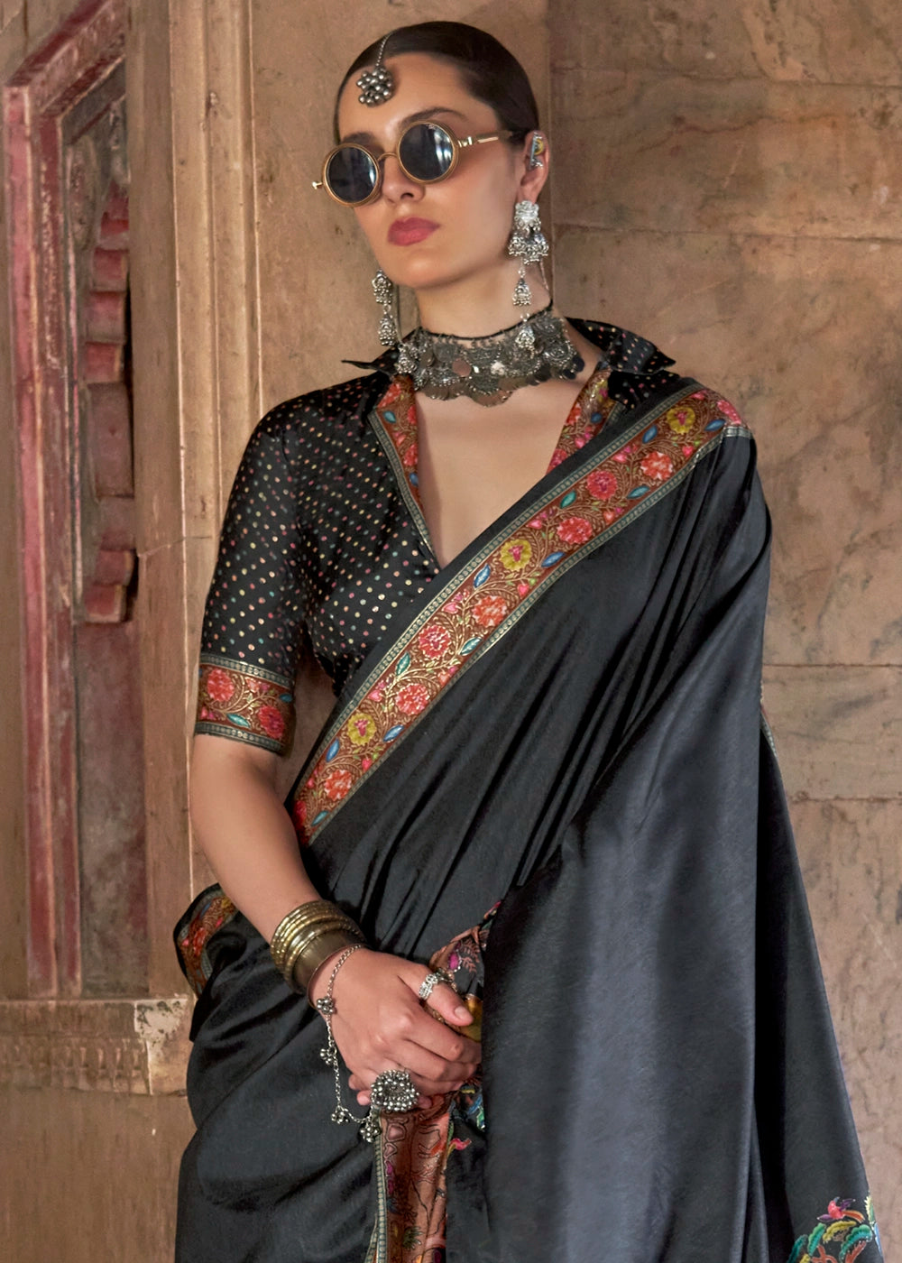 Charcoal Black Printed Silk Saree with Floral & Jungle Motifs