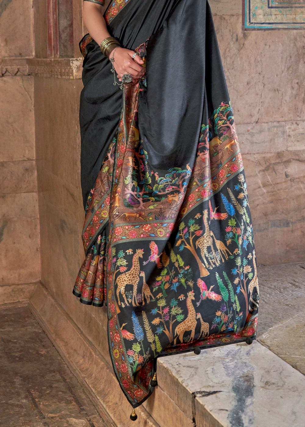 Charcoal Black Printed Silk Saree with Floral & Jungle Motifs
