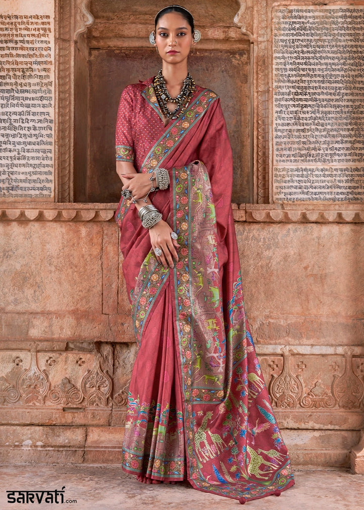 Auburn Brown Printed Silk Saree with Floral & Jungle Motifs