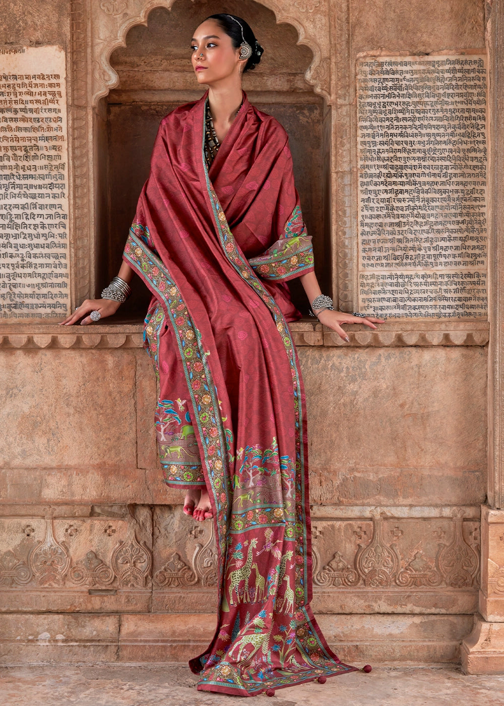 Auburn Brown Printed Silk Saree with Floral & Jungle Motifs