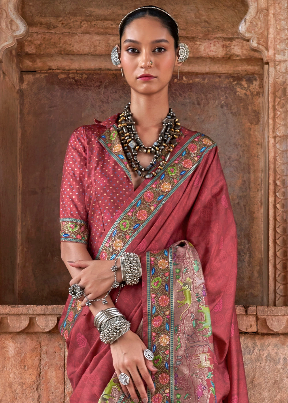 Auburn Brown Printed Silk Saree with Floral & Jungle Motifs