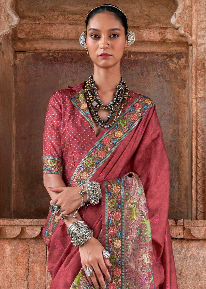 Auburn Brown Printed Silk Saree with Floral & Jungle Motifs