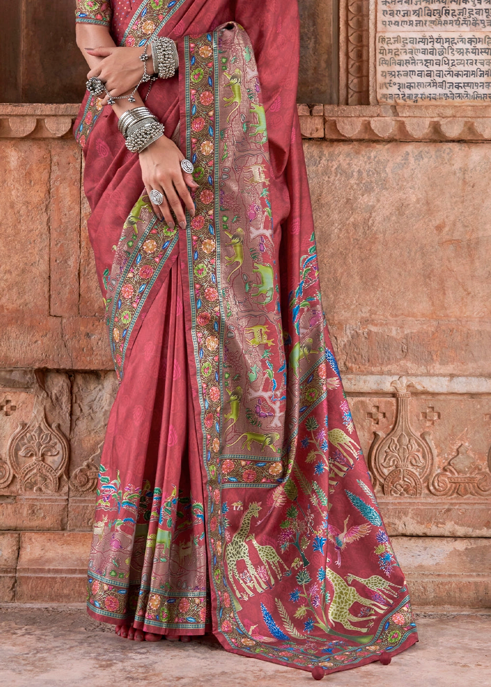 Auburn Brown Printed Silk Saree with Floral & Jungle Motifs