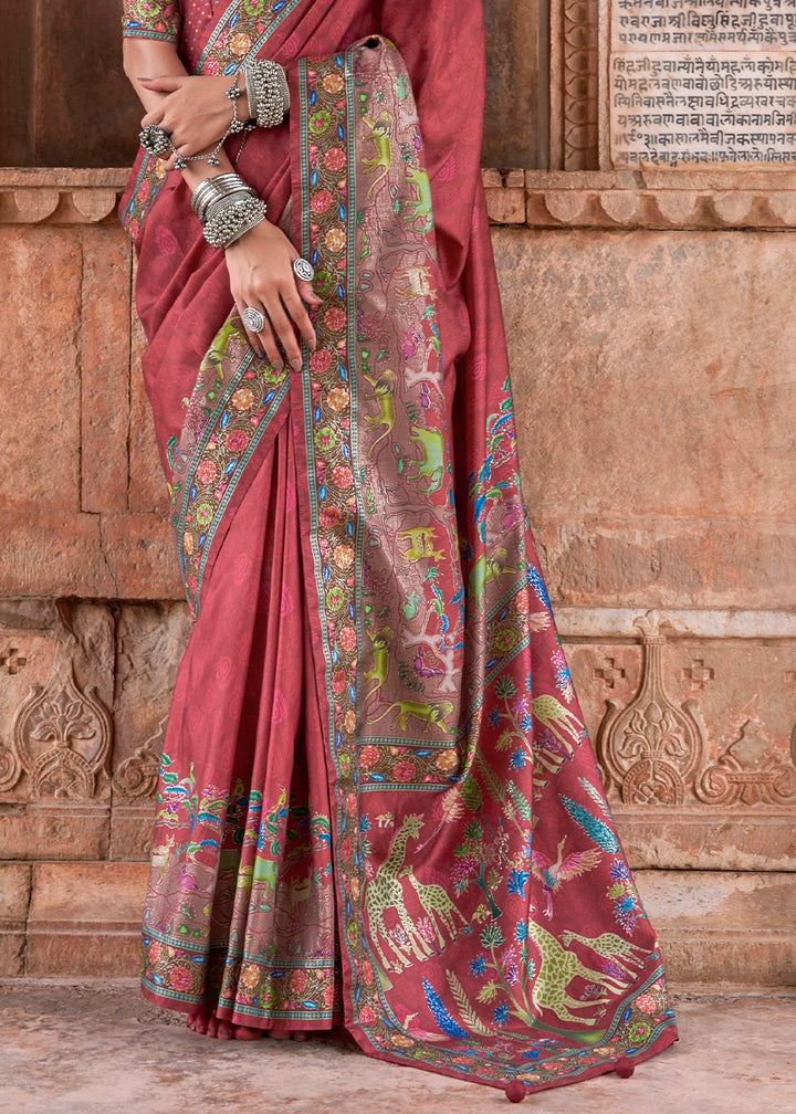 Auburn Brown Printed Silk Saree with Floral & Jungle Motifs