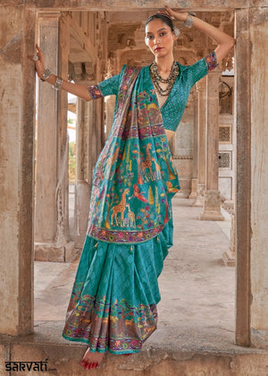 Cerulean Blue Printed Silk Saree with Floral & Jungle Motifs