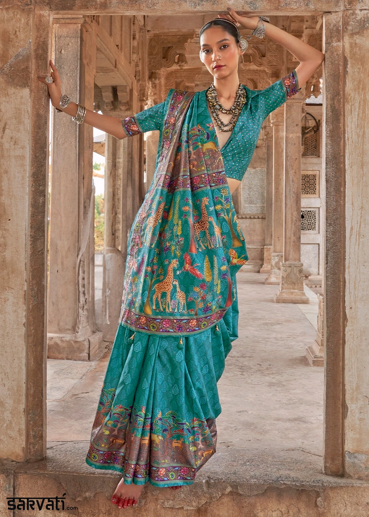 Cerulean Blue Printed Silk Saree with Floral & Jungle Motifs