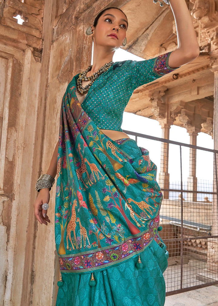 Cerulean Blue Printed Silk Saree with Floral & Jungle Motifs