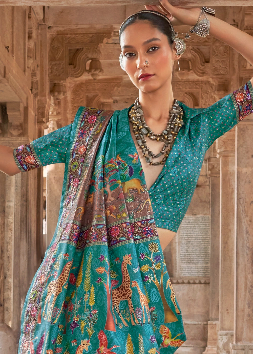 Cerulean Blue Printed Silk Saree with Floral & Jungle Motifs