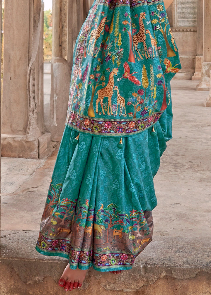Cerulean Blue Printed Silk Saree with Floral & Jungle Motifs