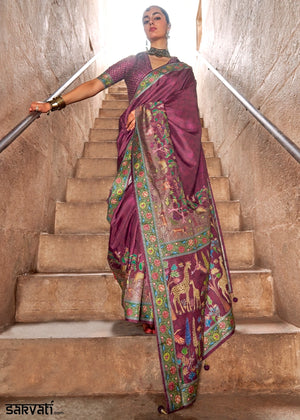 Fandango Purple Printed Silk Saree with Floral & Jungle Motifs