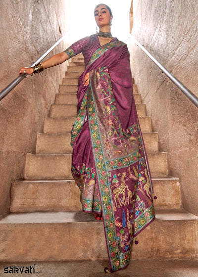 Fandango Purple Printed Silk Saree with Floral & Jungle Motifs