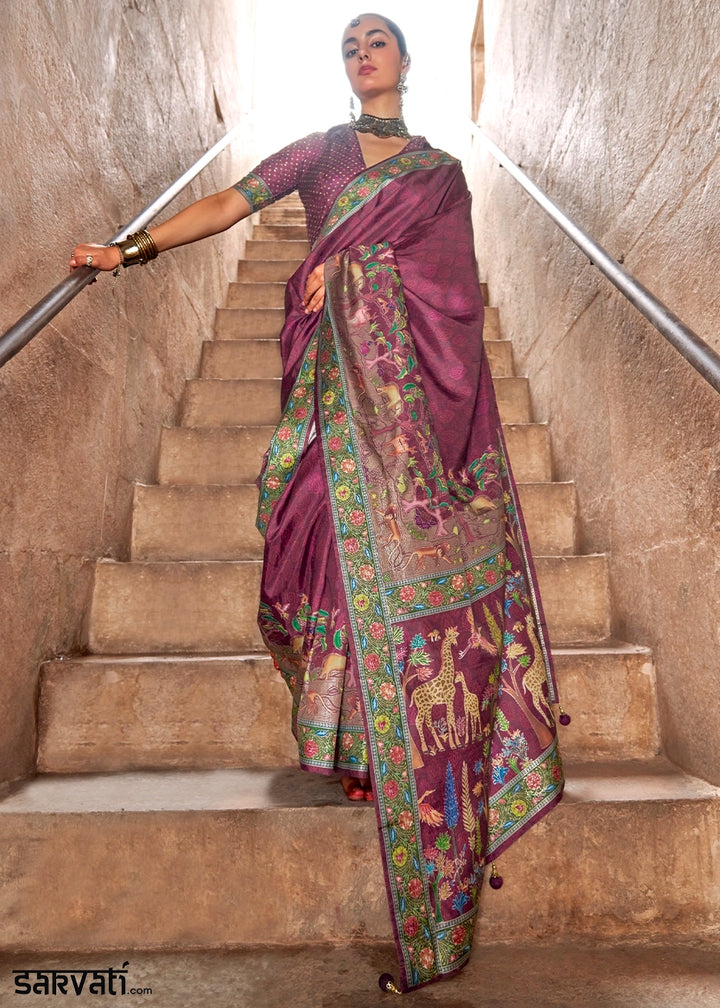 Fandango Purple Printed Silk Saree with Floral & Jungle Motifs