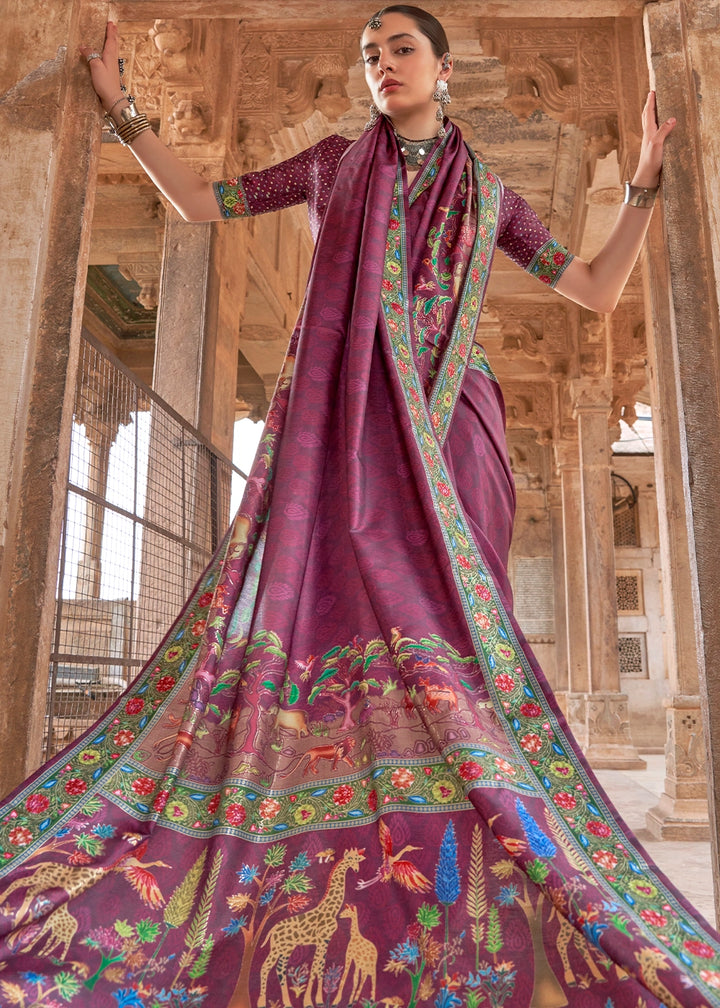 Fandango Purple Printed Silk Saree with Floral & Jungle Motifs