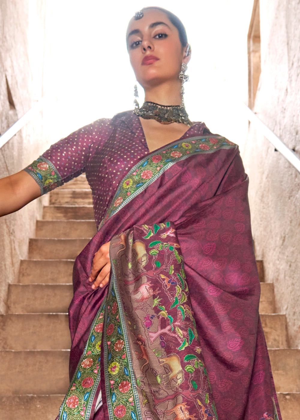 Fandango Purple Printed Silk Saree with Floral & Jungle Motifs