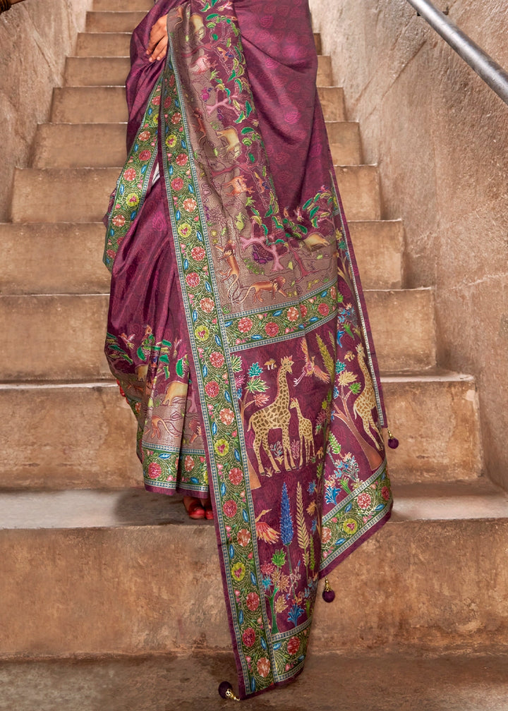 Fandango Purple Printed Silk Saree with Floral & Jungle Motifs